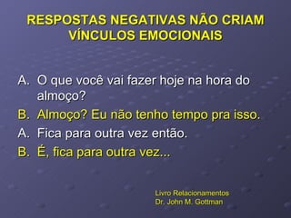 RESPOSTAS NEGATIVAS NÃO CRIAM VÍNCULOS EMOCIONAIS A.  O que você vai fazer hoje na hora do almoço? B.  Almoço? Eu não tenho tempo pra isso. A.  Fica para outra vez então. B.  É, fica para outra vez... Livro Relacionamentos Dr. John M. Gottman 