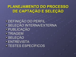 PLANEJAMENTO DO PROCESSO DE CAPTAÇÃO E SELEÇÃO DEFINIÇÃO DO PERFIL SELEÇÃO INTERNA/EXTERNA PUBLICAÇÃO TRIAGEM SELEÇÃO ENTREVISTA TESTES ESPECÍFICOS 