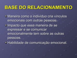 BASE DO RELACIONAMENTO Maneira como o indivíduo cria vínculos emocionais com outras pessoas. Impacto que essa maneira de se expressar e se comunicar emocionalmente tem sobre as outras pessoas. Habilidade de comunicação emocional. 