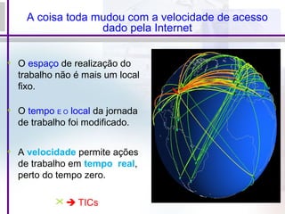 A coisa toda mudou com a velocidade de acesso
dado pela Internet
• O espaço de realização do
trabalho não é mais um local
fixo.
• O tempo E O local da jornada
de trabalho foi modificado.
• A velocidade permite ações
de trabalho em tempo real,
perto do tempo zero.
  TICs
 
