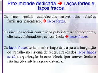 Os laços sociais estabelecidos através das relações
familiares, parentesco,  laços fortes.
Os vínculos sociais construídos pelo interesse fornecedores,
clientes, colaboradores, concorrência  laços fracos.
Os laços fracos teriam maior importância para a integração
do trabalho no sistema de redes, através dos laços fracos
se dá a organização de convivência (por conveniência) e
não ligações afetivas pre-existentes.
Proximidade dedicada  Laços fortes e
laços fracos
 