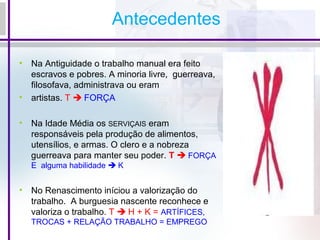 Antecedentes
• Na Antiguidade o trabalho manual era feito
escravos e pobres. A minoria livre, guerreava,
filosofava, administrava ou eram
• artistas. T  FORÇA
• Na Idade Média os SERVIÇAIS eram
responsáveis pela produção de alimentos,
utensílios, e armas. O clero e a nobreza
guerreava para manter seu poder. T  FORÇA
E alguma habilidade  K
• No Renascimento iníciou a valorização do
trabalho. A burguesia nascente reconhece e
valoriza o trabalho. T  H + K = ARTÍFICES,
TROCAS + RELAÇÃO TRABALHO = EMPREGO
 