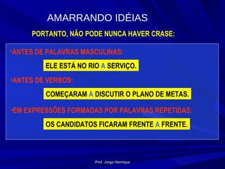 AMARRANDO IDÉIAS PORTANTO, NÃO PODE NUNCA HAVER CRASE: ANTES DE PALAVRAS MASCULINAS: ELE ESTÁ NO RIO  A  SERVIÇO. ANTES DE VERBOS: COMEÇARAM  A  DISCUTIR O PLANO DE METAS. EM EXPRESSÕES FORMADAS POR PALAVRAS REPETIDAS: OS CANDIDATOS FICARAM FRENTE  A  FRENTE. Prof. Jorge Henrique 