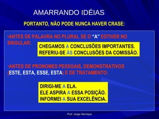 PORTANTO, NÃO PODE NUNCA HAVER CRASE: ANTES DE PALAVRA NO PLURAL SE O  “A”  ESTIVER NO SINGULAR: CHEGAMOS  A  CONCLUSÕES IMPORTANTES. REFERIU-SE  ÀS  CONCLUSÕES DA COMISSÃO. ANTES DE PRONOMES PESSOAIS, DEMONSTRATIVOS ( ESTE, ESTA, ESSE, ESTA ) E DE TRATAMENTO: DIRIGI-ME  A  ELA. ELE ASPIRA  A  ESSA POSIÇÃO. INFORMEI  A  SUA EXCELÊNCIA. AMARRANDO IDÉIAS Prof. Jorge Henrique 