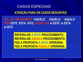 ATENÇÃO PARA OS CASOS SEGUINTES: SE, AO TROCARMOS “ AQUELE ”, “ AQUELA ”, “ AQUILO ’ POR  ESTE ,  ESTA ,  ISTO , RESULTAR  A ESTE ,  A ESTA , A ISTO : REFERIU-SE  A   ESTE  PROCEDIMENTO. REFERIU-SE  ÀQUELE  PROCEDIMENTO. FEZ A PROPOSTA  A ESTA  OPERÁRIA. FEZ A PROPOSTA  ÀQUELA  OPERÁRIA. CASOS ESPECIAIS Prof. Jorge Henrique 