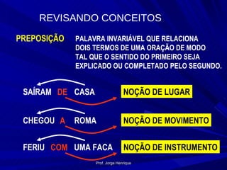 REVISANDO CONCEITOS PREPOSIÇÃO PALAVRA INVARIÁVEL QUE RELACIONA DOIS TERMOS DE UMA ORAÇÃO DE MODO TAL QUE O SENTIDO DO PRIMEIRO SEJA EXPLICADO OU COMPLETADO PELO SEGUNDO. SAÍRAM DE CASA NOÇÃO DE LUGAR CHEGOU A ROMA NOÇÃO DE MOVIMENTO FERIU COM UMA FACA NOÇÃO DE INSTRUMENTO Prof. Jorge Henrique 