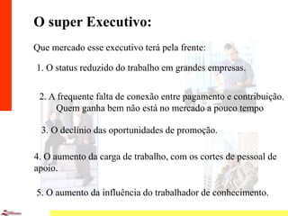 12
O super Executivo:
Que mercado esse executivo terá pela frente:
1. O status reduzido do trabalho em grandes empresas.
2. A frequente falta de conexão entre pagamento e contribuição.
Quem ganha bem não está no mercado a pouco tempo
3. O declínio das oportunidades de promoção.
4. O aumento da carga de trabalho, com os cortes de pessoal de
apoio.
5. O aumento da influência do trabalhador de conhecimento.
 