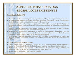 ASPECTOS PRINCIPAIS DAS LEGISLAÇÕES EXISTENTES Constituição Federal/88 Os servidores estatutários ocupam cargos públicos,regidos pelos respectivos regulamentos; Os empregados públicos ocuparão empregos públicos, vinculados à CLT e à legislação disciplinadora, e serão contratados por prazo indeterminado; Ambas as categorias (estatutário e celetista) estão submetidos ao controle fiscal e financeiro dos entes federados, estabelecido pela União, consubstanciado na Lei de Responsabilidade Fiscal; Tanto os estatutários como os empregados públicos só serão admitidos ao serviço público mediante processo seletivo pela via de concurso público; O empregado público será submetido às regras de aposentadoria do Regime Geral de Previdência Social, com valores equivalentes aos limites aplicados aos trabalhadores da iniciativa privada, podendo recorrer ao sistema complementar; Os entes da Federação deverão promulgar lei específica para disciplinar o regime de emprego público e autorizar abertura de quadros próprio no âmbito da Administração Pública. Lei Federal Ordinária Nº 9.962/00 Com o veto à alínea “a” do inciso I, §2º do art. 1º, o Governo Federal poderá estender o regime da Consolidação da Leis do Trabalho para qualquer carreira do serviço público; O §1º do art. 1º trouxe a possibilidade de transformação dos atuais cargos públicos em empregos, exceto a vedação prevista no inciso II, do §2º do art. 1º; O contrato de trabalho terá prazo indeterminado. 