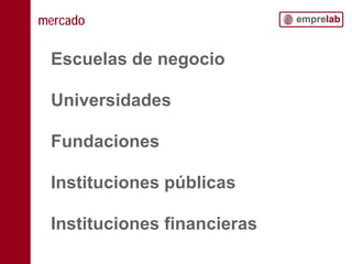 mercado
Escuelas de negocio
Universidades
Fundaciones
Instituciones públicas
Instituciones financieras
8