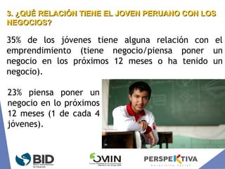 35% de los jóvenes tiene alguna relación con el
emprendimiento (tiene negocio/piensa poner un
negocio en los próximos 12 meses o ha tenido un
negocio).
3. ¿QUÉ RELACIÓN TIENE EL JOVEN PERUANO CON LOS3. ¿QUÉ RELACIÓN TIENE EL JOVEN PERUANO CON LOS
NEGOCIOS?NEGOCIOS?
23% piensa poner un
negocio en lo próximos
12 meses (1 de cada 4
jóvenes).
 