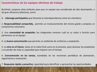 Características de los equipos efectivos de trabajo
Buchholz, propone siete atributos para que un equipo sea considerado de alto desempeño, o
de gran eficiencia (efectivo), como:
1. Liderazgo participativo que fomente la interdependencia entre los miembros.
2. Responsabilidad compartida, permite un involucramiento del mismo grado y propicia un
compromiso voluntario.
3. Una comunidad de propósito; los integrantes conocen cuál es su razón y función para
pertenecer en el equipo.
4. La buena comunicación que permite un ambiente de confianza y aceptación.
5. La mira en el futuro, tanto en la meta final como en el proceso, para alcanzar los propósitos
y no perder de vista su capacidad para mejorar con el tiempo.
6. Concentración en las tareas, acordadas en las reuniones periódicas de planeación,
seguimiento y evaluación.
7. Respuesta rápida y proactiva; capacidad para identificar y aprovechar las oportunidades.
 