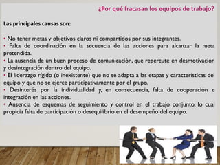 ¿Por qué fracasan los equipos de trabajo?
Las principales causas son:
• No tener metas y objetivos claros ni compartidos por sus integrantes.
• Falta de coordinación en la secuencia de las acciones para alcanzar la meta
pretendida.
• La ausencia de un buen proceso de comunicación, que repercute en desmotivación
y desintegración dentro del equipo.
• El liderazgo rígido (o inexistente) que no se adapta a las etapas y características del
equipo y que no se ejerce participativamente por el grupo.
• Desinterés por la individualidad y, en consecuencia, falta de cooperación e
integración en las acciones.
• Ausencia de esquemas de seguimiento y control en el trabajo conjunto, lo cual
propicia falta de participación o desequilibrio en el desempeño del equipo.
 