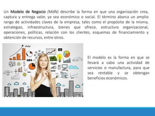 Un Modelo de Negocio (MdN) describe la forma en que una organización crea,
captura y entrega valor, ya sea económico o social. El término abarca un amplio
rango de actividades claves de la empresa, tales como el propósito de la misma,
estrategias, infraestructura, bienes que ofrece, estructura organizacional,
operaciones, políticas, relación con los clientes, esquemas de financiamiento y
obtención de recursos, entre otros.
El modelo es la forma en que se
llevará a cabo una actividad de
servicios o manufactura, para que
sea rentable y se obtengan
beneficios económicos.
 
