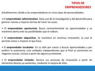 TIPOS DE
EMPRENDEDORES
Schollhammer, divide a los emprendedores en cinco tipos de personalidades:
• El emprendedor administrativo. Hace uso de la investigación y del desarrollo para
generar nuevas y mejores formas de hacer las cosas.
• El emprendedor oportunista. Busca constantemente las oportunidades y se
mantiene alerta ante las posibilidades que le rodean.
• El emprendedor adquisitivo. Se mantiene en continua innovación, la cual le
permite crecer y mejorar lo que hace.
• El emprendedor incubador. En su afán por crecer y buscar oportunidades y por
preferir la autonomía, crea unidades independientes que al final se convierten en
negocios nuevos, incluso a partir de alguno ya existente.
• El emprendedor imitador. Genera sus procesos de innovación a partir de
elementos básicos ya existentes, mediante la mejora de ellos.
 