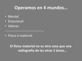 Operamos en 4 mundos…
• Mental
• Emocional
• Valores
-----------------------------------
• Físico o material

    El físico material no es otra cosa que una
           radiografía de las otras 3 áreas…
 