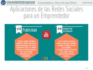 @alfredovelaEmprendedores y Marca Personal Online
Aplicaciones de las Redes Sociales
para un Emprendedor
30
 