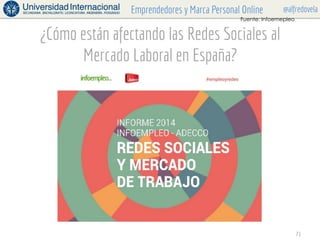 @alfredovelaEmprendedores y Marca Personal Online
¿Cómo están afectando las Redes Sociales al
Mercado Laboral en España?
F...