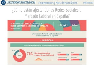 @alfredovelaEmprendedores y Marca Personal Online
¿Cómo están afectando las Redes Sociales al
Mercado Laboral en España?
7...