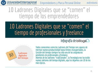 @alfredovelaEmprendedores y Marca Personal Online
10 Ladrones Digitales que se “comen” el
tiempo de los emprendedores
85
 