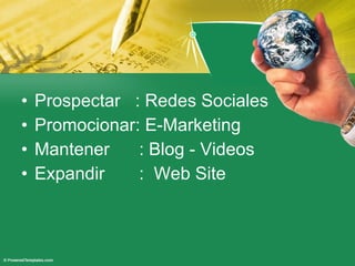 Prospectar : Redes Sociales Promocionar: E-Marketing Mantener : Blog - Videos Expandir : Web Site