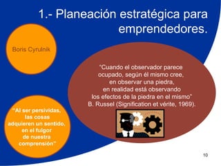 1.- Planeación estratégica para
                         emprendedores.
 Boris Cyrulnik

                            “Cuando el observador parece
                            ocupado, según él mismo cree,
                                en observar una piedra,
                             en realidad está observando
                         los efectos de la piedra en el mismo”
                        B. Russel (Signification et vérite, 1969).
 “Al ser persividas,
      las cosas
adquieren un sentido,
     en el fulgor
     de nuestra
   comprensión”

                                                                     10
 