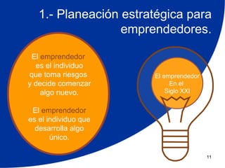 1.- Planeación estratégica para
                  emprendedores.

 El emprendedor
  es el individuo
que toma riesgos       El emprendedor
y decide comenzar           En el
    algo nuevo.            Siglo XXI


 El emprendedor
es el individuo que
  desarrolla algo
       único.

                                        11
 