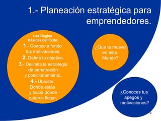 1.- Planeación estratégica para
                   emprendedores.
      Las Reglas
    Básicas del Éxito:
  1.- Conoce a fondo         ¿Qué te mueve
    tus motivaciones.          en este
  2. Define tu objetivo.       Mundo?
3.- Delimita la estrategia
     de penetración
   y posicionamiento.
       4.- Ubícate:
      Dónde estás
      y hacia dónde                    ¿Conoces tus
      quieres llegar.                   apegos y
                                       motivaciones?

                                                       9
 