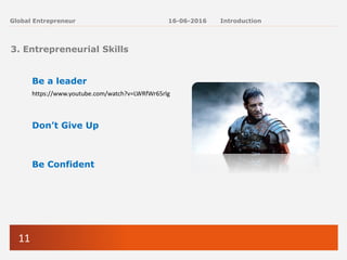 11
Global Entrepreneur
3. Entrepreneurial Skills
Be a leader
https://www.youtube.com/watch?v=LWRfWr65rlg
Don’t Give Up
Be Confident
16-06-2016 Introduction
 