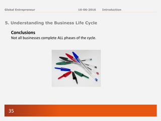 35
Global Entrepreneur
Conclusions
Not all businesses complete ALL phases of the cycle.
5. Understanding the Business Life Cycle
16-06-2016 Introduction
 