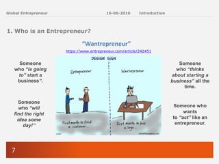 7
Global Entrepreneur
1. Who is an Entrepreneur?
“Wantrepreneur”
16-06-2016 Introduction
Someone
who “is going
to” start a
business“.
https://www.entrepreneur.com/article/242451
Someone
who “will
find the right
idea some
day!”
Someone who
wants
to “act” like an
entrepreneur.
Someone
who “thinks
about starting a
business” all the
time.
 
