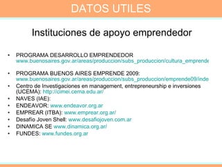 Instituciones de apoyo emprendedor PROGRAMA DESARROLLO EMPRENDEDOR  www.buenosaires.gov.ar/areas/produccion/subs_produccion/cultura_emprende/index.php   PROGRAMA BUENOS AIRES EMPRENDE 2009:  www.buenosaires.gov.ar/areas/produccion/subs_produccion/emprende09/index.php Centro de Investigaciones en management, entrepreneurship e inversiones (UCEMA):  http://cimei.cema.edu.ar/   NAVES (IAE):  ENDEAVOR:  www.endeavor.org.ar EMPREAR (ITBA):  www.emprear.org.ar/ Desafío Joven Shell:  www.desafiojoven.com.ar   DINAMICA SE  www.dinamica.org.ar/ FUNDES:  www.fundes.org.ar   DATOS UTILES 