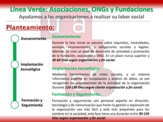 Línea Verde: Asociaciones, ONGs y Fundaciones
Ayudamos a las organizaciones a realizar su labor social

Planteamiento:
Asesoramiento

Asesoramiento:
Durante la fase inicial se asesora sobre requisitos, necesidades,
ventajas, inconvenientes, y obligaciones sociales y legales.
Además, se crea un plan de desarrollo de actividad y promoción
de la fundación, asociación u ONG. En un plazo nunca superior a
30-60 Días según organización y fin social.

Implantación
tecnológica

Implantación tecnológica :
Mediante herramientas de redes sociales, y un sistema
informático experto en recopilación y análisis de datos, se van
recogiendo las informaciones de la actividad de la organización
Durante 120-180 Días según cliente organización y fin social.

Formación y Seguimiento:
Formación y
Seguimiento

Formación y seguimiento con personal experto en dirección,
tecnología y de comunicación que harán la gestión y expansión de
la organización sea más fácil y esté más preparada para los
cambios en la sociedad, esta fase tiene una duración entre 90-120
Días según organización y fin social.

 