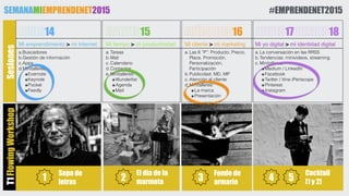 Sesiones
a.Las 6 “P”: Producto, Precio,
Place, Promoción,
Personalización,
Participación
b.Publicidad. MD, MP
c.Atención al cliente
d.Minitalleres:
๏La marca
๏Presentación
a.La conversación en las RRSS
b.Tendencias: minivideos, streaming
c.Minitalleres:
๏Medium / LinkedIn
๏Facebook
๏Twitter / Vine /Periscope
๏Pinterest
๏Instagram
Mi cliente > mi marketing Mi yo digital > mi identidad digital
MIÉRCOLES16 JUEVES17VIERNES18
a.Buscadores
b.Gestión de información
c.Apps
d.Minitalleres:
๏Evernote
๏Keynote
๏Pocket
๏Feedly
Mi emprendimiento > mi Internet
LUNES14
a.Tareas
b.Mail
c.Calendario
d.Contactos
e.Minitalleres:
๏Wunderlist
๏Agenda
๏Mail
Mi tiempo > mi productividad
MARTES15
T1FlowingWorkshop
Sopa de
letras
1 2
El día de la
marmota 3
Fondo de
armario 4 5
Cocktail
[1 y 2]
SEMANAMIEMPRENDENET2015 #EMPRENDENET2015
 