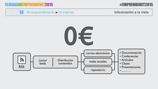 Mi emprendimiento > mi InternetLUNES14
SEMANAMIEMPRENDENET2015 #EMPRENDENET2015
correo electrónico
RSS
Distribución
contenidos
redes sociales
repositorio
• Documentación
• Conferencias
• Artículos
• Clases
• Presentaciones
• ………
Lector
feeds
0€
Infoxicación a la vista
 