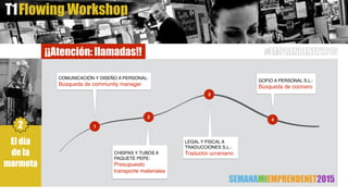 Flowing WorkshopT1
¡¡Atención: llamadas!!
1
2
3
4
COMUNICACIÓN Y DISEÑO A PERSONAL:
Búsqueda de community manager
CHISPAS Y TUBOS A
PAQUETE PEPE:
Presupuesto
transporte materiales
LEGAL Y FISCAL A
TRADUCCIONES S.L.:
Traductor ucraniano
GOFIO A PERSONAL S.L.:
Búsqueda de cocinero
SEMANAMIEMPRENDENET2015
#EMPRENDENET2015
El día
de la
marmota
2
 