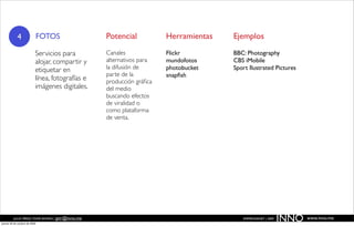 4                  FOTOS              Potencial           Herramientas   Ejemplos

                           Servicios para         Canales             Flickr         BBC: Photography
                           alojar, compartir y    alternativos para   mundofotos     CBS iMobile
                           etiquetar en           la difusión de      photobucket    Sport Ilustrated Pictures
                                                  parte de la         snapﬁsh
                           línea, fotografías e   producción gráﬁca
                           imágenes digitales.    del medio
                                                  buscando efectos
                                                  de viralidad o
                                                  como plataforma
                                                  de venta.




          JULIO PÉREZ-TOMÉ ROMÁN | jptr@inno.me
jueves 29 de octubre de 2009
                                                                                        EMPRENDENET | 2009
                                                                                                             INNO   www.inno.me
 
