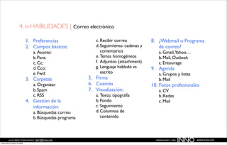4. e-HABILIDADES | Correo electrónico

                               1. Preferencias               c. Recibir correo           8. ¿Webmail o Programa
                               2. Campos básicos:            d. Seguimiento: cadenas y      de correo?
                                  a. Asunto:                    comentarios                  a. Gmail,Yahoo…
                                  b. Para:                   e. Temas homogéneos             b. Mail, Outlook
                                  c. Cc:                     f. Adjuntos (attachment)        c. Entourage
                                  d. Cco:                    g. Lenguaje hablado vs      9. Agenda
                                  e. Fwd:                       escrito                      a. Grupos y listas
                               3. Carpetas                5. Firma                           b. Mail
                                  a. Organizar            6. Cuentas                     10. Fotos profesionales
                                  b. Spam                 7. Visualización:                  a. CV
                                  c. RSS                     a. Texto: tipografía            b. Redes
                               4. Gestión de la              b. Fondo                        c. Mail
                                  información:               c. Seguimiento
                                  a. Búsquedas correo        d. Columnas de
                                  b. Búsquedas programa         contenido




          JULIO PÉREZ-TOMÉ ROMÁN | jptr@inno.me
jueves 29 de octubre de 2009
                                                                                           EMPRENDENET | 2009
                                                                                                                INNO   www.inno.me
 