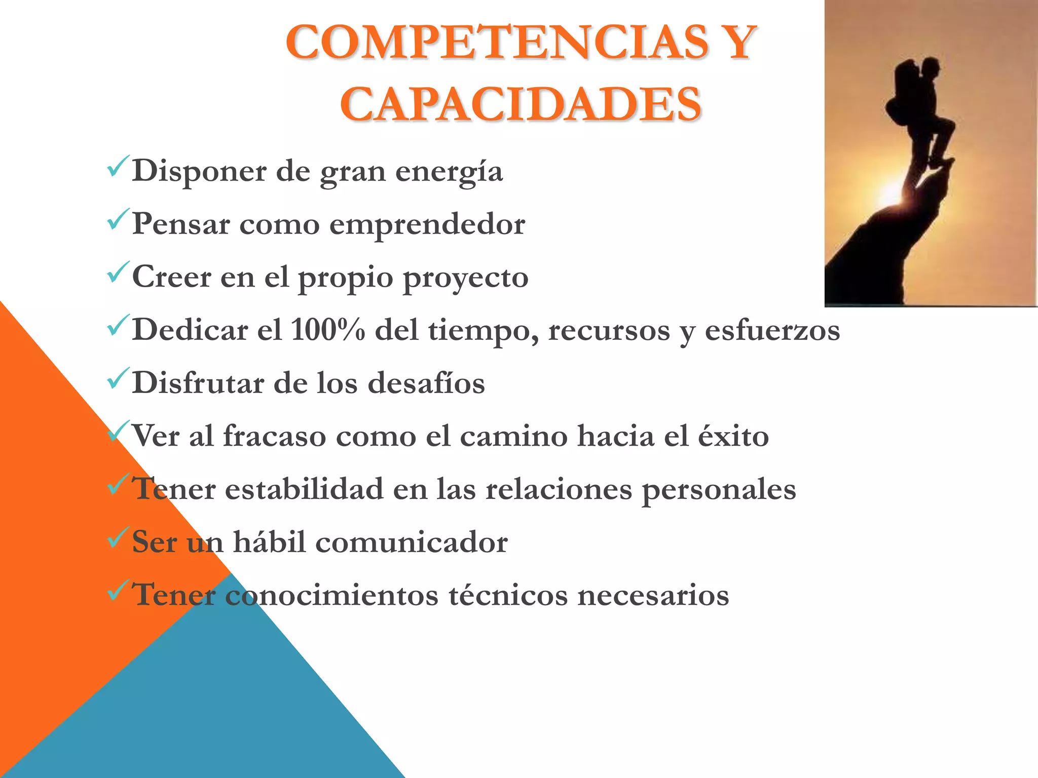 COMPETENCIAS Y
CAPACIDADES
Disponer de gran energía
Pensar como emprendedor
Creer en el propio proyecto
Dedicar el 100% del tiempo, recursos y esfuerzos
Disfrutar de los desafíos
Ver al fracaso como el camino hacia el éxito
Tener estabilidad en las relaciones personales
Ser un hábil comunicador
Tener conocimientos técnicos necesarios
 