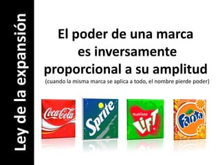 El poder de una marca es inversamenteproporcional a su amplitud(cuando la misma marca se aplica a todo, el nombre pierde poder)Ley de la expansión