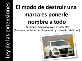 El modo de destruir una marca es ponerle nombre a todo(Automóvil mega ultra wow de potente)(Tantas clases del leche…desperdicio y costos de exhibición)Ley de las extensiones