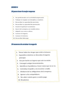 SESION 4 
10 pasos tener la mejor empresa 
10 maneras de arruinar tu negocio 
