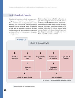 La cultura del emprendimiento en los establecimientos educativos • Orientaciones generales
20
1.6.3 Modelo de Negocio
El Modelo de Negocio se entiende como una meto-
dología que permite diseñar, en la práctica, los nú-
cleos y relaciones clave del negocio donde se crea y
se entrega valor. El proceso de elaboración permite
la identificación de fortalezas según la capacidad
de crear valor, las debilidades en función del valor
que dejan escapar, las oportunidades como posibles
fuentes de valor, y las amenazas como riesgos de
pérdida de valor.
Existen múltiples formas de Modelo de Negocios, se-
gún el tipo de organización, sector, mercado, tamaño,
contexto y filosofía del emprendedor, empresario, o
inversionista, pero prácticamente todas, en los últimos
años, han surgido de la metodología diseñada por Os-
terwalder2
(2006): CANVAS o lienzo, sobre el cual se
diseña el Modelo, en 9 núcleos relacionales que mues-
tran el proceso de creación y entrega de valor en una
forma que facilita su continua revisión.
	 	 Gráfico 1.6.
					 Modelo de Negocio CANVAS
2
Alexander Osterwalder, 2006. Business Model Generation.
Ver Anexo Nº 2 Ejemplo Modelo de Negocios - CANVAS.
 