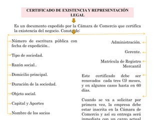 CERTIFICADO DE EXISTENCIA Y REPRESENTACIÓN
                          LEGAL

 Es un documento expedido por la Cámara de Comercio que certifica
 la existencia del negocio. Consta de:

Número de escritura pública con                   Administración.
fecha de expedición..
                                                        Gerente.
Tipo de sociedad.
                                            Matrícula de Registro
Razón social..                                         Mercantil

Domicilio principal.               Este certificado debe ser
                                   renovados cada tres (3) meses,
Duración de la sociedad.           y en algunos casos hasta en 60
                                   días.
Objeto social.
                                   Cuando se va a solicitar por
Capital y Aportes                  primera vez, la empresa debe
                                   estar inscrita en la Cámara de
Nombre de los socios               Comercio y así su entrega será
 