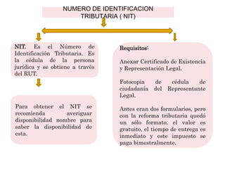NUMERO DE IDENTIFICACION
                      TRIBUTARIA ( NIT)



NIT. Es el Número de             Requisitos:
Identificación Tributaria. Es
la cédula de la persona          Anexar Certificado de Existencia
jurídica y se obtiene a través   y Representación Legal.
del RUT.
                                 Fotocopia     de     cédula    de
                                 ciudadanía    del   Representante
                                 Legal.
Para obtener el NIT se           Antes eran dos formularios, pero
recomienda        averiguar      con la reforma tributaria quedó
disponibilidad nombre para       un sólo formato, el valor es
saber la disponibilidad de       gratuito, el tiempo de entrega es
esta.                            inmediato y este impuesto se
                                 paga bimestralmente.
 