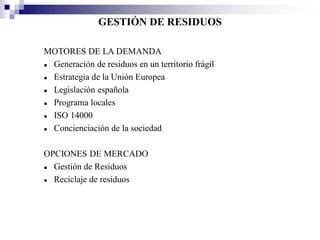 GESTIÓN DE RESIDUOS

MOTORES DE LA DEMANDA
 Generación de residuos en un territorio frágil
 Estrategia de la Unión Europea
 Legislación española
 Programa locales
 ISO 14000
 Concienciación de la sociedad

OPCIONES DE MERCADO
 Gestión de Residuos
 Reciclaje de residuos
 