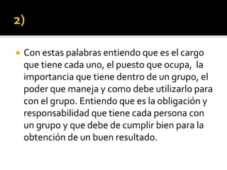    Con estas palabras entiendo que es el cargo
    que tiene cada uno, el puesto que ocupa, la
    importancia que tiene dentro de un grupo, el
    poder que maneja y como debe utilizarlo para
    con el grupo. Entiendo que es la obligación y
    responsabilidad que tiene cada persona con
    un grupo y que debe de cumplir bien para la
    obtención de un buen resultado.
 