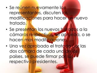 • Se reúnen nuevamente los
  representantes, discuten las
  modificaciones para hacer un nuevo
  tratado.
• Se presentan los nuevos tratados a la
  cámaras respectivas, se aprueba, o se
  hacen mas modificaciones.
• Una vez aprobado el tratado por las
  dos cámara de cada uno de los
  países, se puede firmar por sus
  respectivo presidentes.
 