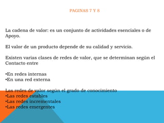 PAGINAS 7 Y 8



La cadena de valor: es un conjunto de actividades esenciales o de
Apoyo.

El valor de un producto depende de su calidad y servicio.

Existen varias clases de redes de valor, que se determinan según el
Contacto entre

•En redes internas
•En una red externa

Las redes de valor según el grado de conocimiento
•Las redes estables
•Las redes incrementales
•Las redes emergentes
 