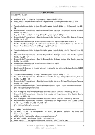 Universidad Nacional de Chimborazo
11. BIBLIOGRAFÍA
BIBLIOGRAFÍA BÁSICA:
OLMOS, JORGE. “Tu Potencial Emprendedor”. Pearson México 2007
SILVA, JORGE. “Empresarismo – Espíritu Emprendedor”. Alfaomega Colombiana S.A. 2009.
Tu potencial Emprendedor de Jorge Olmos Arrayales, Capítulo 1 Pág. 1 – 11; Capítulo 2 Pág. 14 24
Emprendedor/Empresarismo – Espíritu Emprendedor de Jorge Enrique Silva Duarte, Primera
Unidad Pág. 23 – 57
Tu potencial Emprendedor de Jorge Olmos Arrayales, Capítulo 2 Pág. 24
Emprendedor/Empresarismo – Espíritu Emprendedor de Jorge Enrique Silva Duarte, Primera
Unidad Pág.62 – 65
www.emprendedores.org.ec – revista@emprendedores.org.ec - www.revistalideres.ec
Los Tres Desafíos del Emprendedor Ecuatoriano: Capital, Capacitación, Confianza – Dr. Gabriel
Rovayo Vera, Director General del IDE, grovayo@ide.edu.ec
Tu potencial Emprendedor de Jorge Olmos Arrayales, Capítulo 2 Pág. 28 – 32; Capítulo 3 Pág. 37
- 49
Emprendedor/Empresarismo – Espíritu Emprendedor de Jorge Enrique Silva Duarte, Segunda
Unidad Pág. 67 – 104
Emprendedor/Empresarismo – Espíritu Emprendedor de Jorge Enrique Silva Duarte, Segunda
Unidad Pág.105-106
www.emprendedores.org.ec – revista@emprendedores.org.ec
www.revistalideres.ec
Los Emprendedores en el Ecuador piensan en chiquito por Marcela Noriega, Gestion N°199
(Análisis Crítico)
Tu potencial Emprendedor de Jorge Olmos Arrayales, Capítulo 4 Pág. 54 - 73
Emprendedor/Empresarismo – Espíritu Emprendedor de Jorge Enrique Silva Duarte, Tercera
Unidad Pág. 133 – 175
Emprendedor/Empresarismo – Espíritu Emprendedor de Jorge Enrique Silva Duarte, Tercera
Unidad Pág.176-181
www.emprendedores.org.ec – revista@emprendedores.org.ec - www.pymempresario.com (Ver Bibliografía Complementaria)
Plan de Negocios para emprendedores al éxito de Diana M. González Salazar, Pág. 17 - 76
Emprendedor/Empresarismo – Espíritu Emprendedor de Jorge Enrique Silva Duarte, Cuarta
Unidad Pág. 185 – 206
Plan de Negocios para emprendedores al éxito de Diana M. González Salazar, Pág. 79 - 106
Emprendedor/Empresarismo – Espíritu Emprendedor de Jorge Enrique Silva Duarte, Cuarta
Unidad Pág.189, 191, 193, 195 -196, 202 - 204
(Ver Bibliografía Complementaria)
BIBLIOGRAFÍA COMPLEMENTARIA:
ALCARAZ, RAFAEL. “El emprendedor de éxito”. 3ª Edición. Editorial Mc Graw Hill
Interamericana. 2006
AMAT, ORIOL. “Contabilidad y Finanzas para no financieros”
ANTONIO AMARU. Administración para Emprendedores.
BASS, BERNART. “Liderazgo Transformador”. Editorial Taylor y Francis. 2009

Escuela de Informática Aplicada a la Educación
Sílabo de Emprendimiento

8

 
