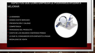 ASPECTOS QUE COMO EMPRESA LE PODRÍAMOS AYUDAR A
MEJORAR
• LA DEMANDA
• DONDE EXISTE MERCADO
• PRESENTACIÓN Y CALIDAD
• COMPETENCIA
• PERIOSIDAD DEL PRODUCTO
• COSTO DE LOS INSUMOS O MATERIAS PRIMAS
• LO QUE EL CONSUMIDOR ESTA DISPUESTO A PAGAR
• MODALIDAD DE VENTA
 